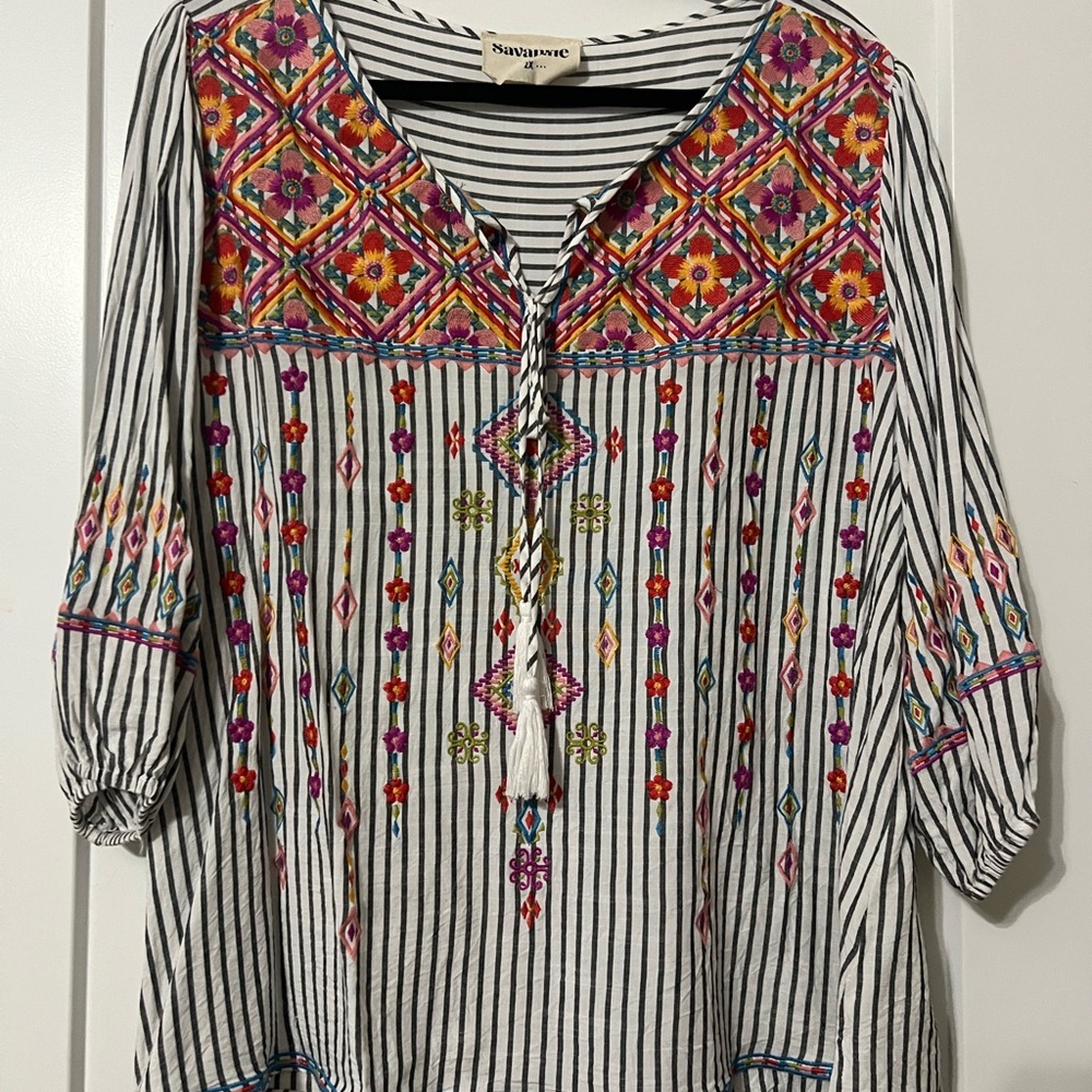 Savanna Jane White Black Striped Embroidered Peasant Blouse